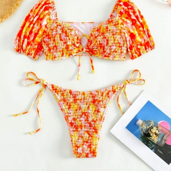 💚5/$25 Puff Sleeve Tropical Floral 2 Bikini Set Cheeky Bottom Smocked Swimsuit - Picture 5 of 8